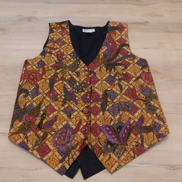 Zell Ucci Women OSFM Vest Cotton Button Up Beaded Adjustable Floral Brown VTG - Picture 1 of 8